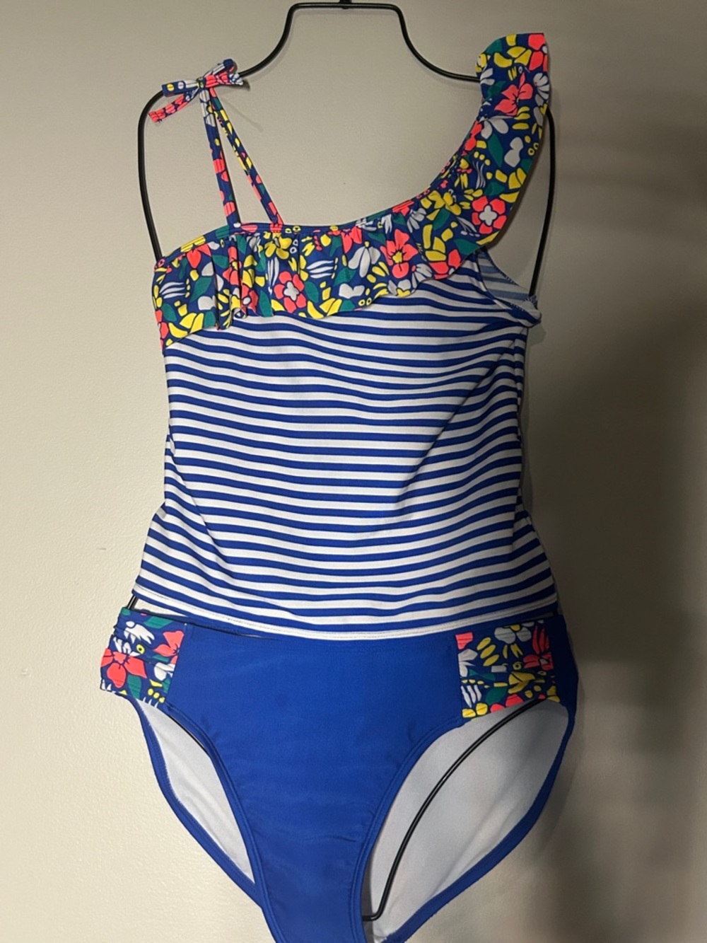 Cat & Jack Blue Striped One-Shoulder Floral Ruffle Swimsuit - 2 pieces
